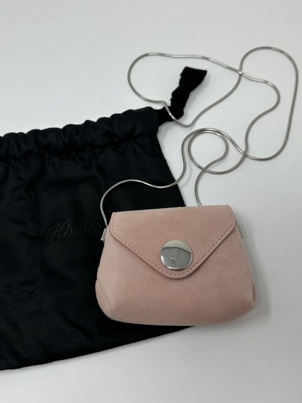 KHAITE Bobbi Nano Crossbody Purse Light Pink Suede with Silver and Dustbag